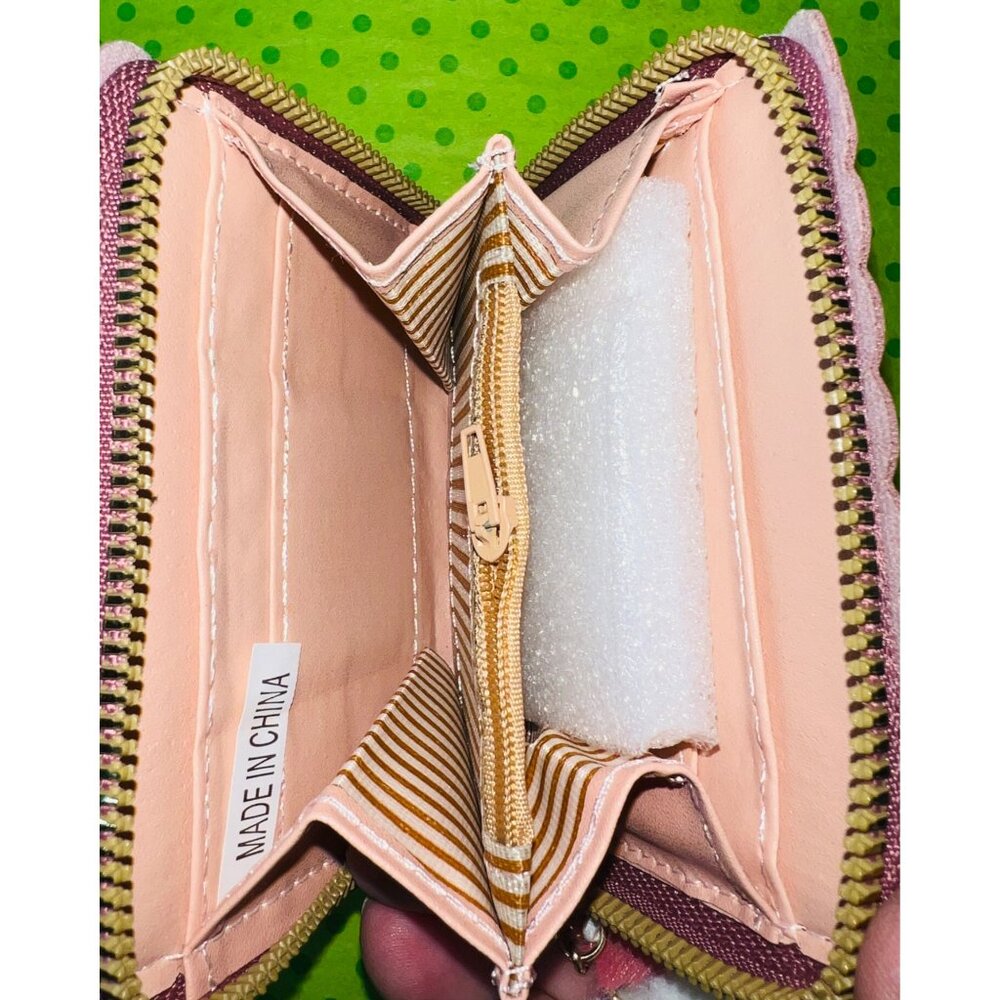Pink Wallet With Fairy & Floral Design Zipper Closure Scalloped Edges Pom-Pom Ch - Picture 3 of 4